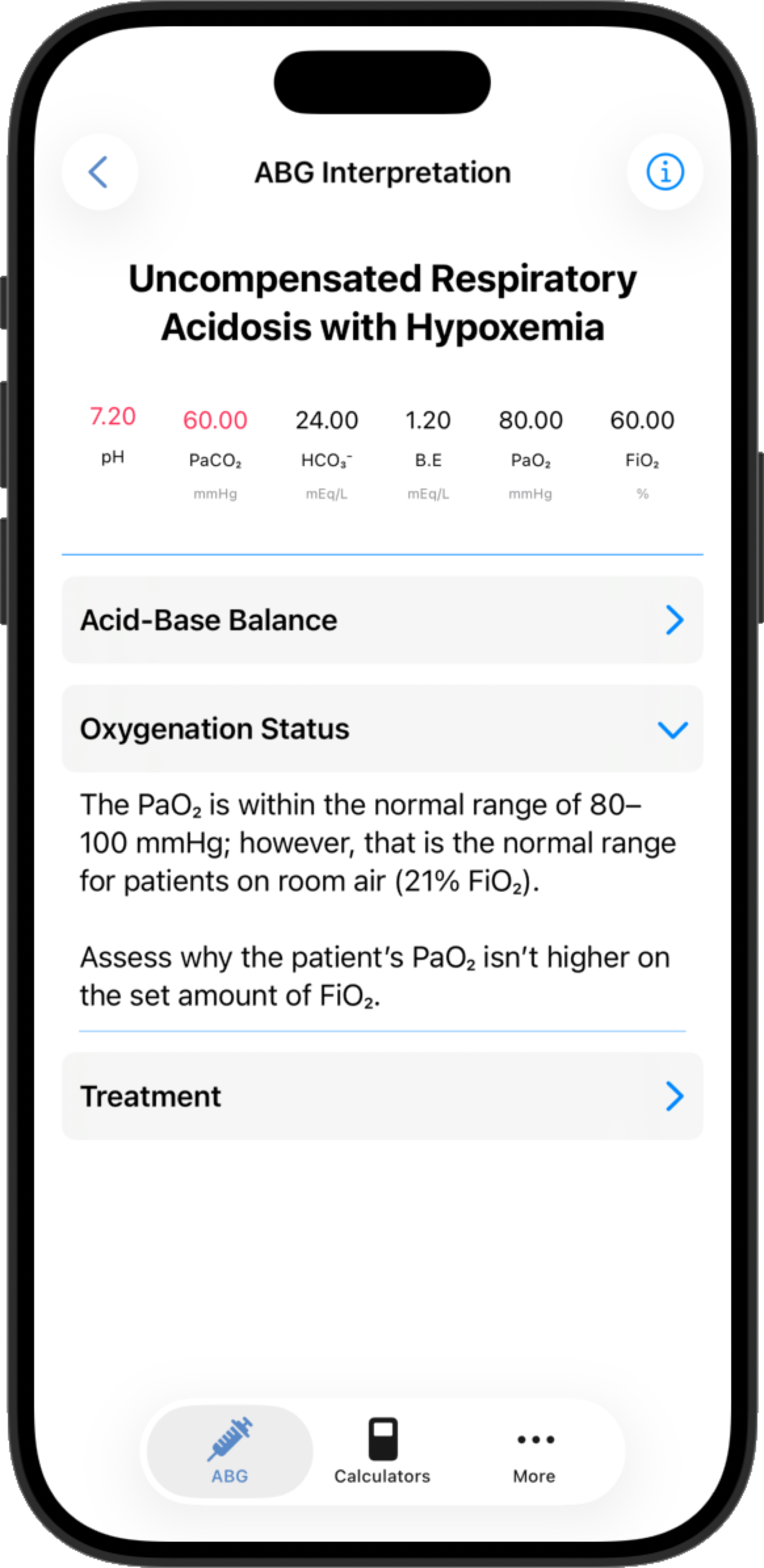 ABG Interpretation screen in the Pulmoro app