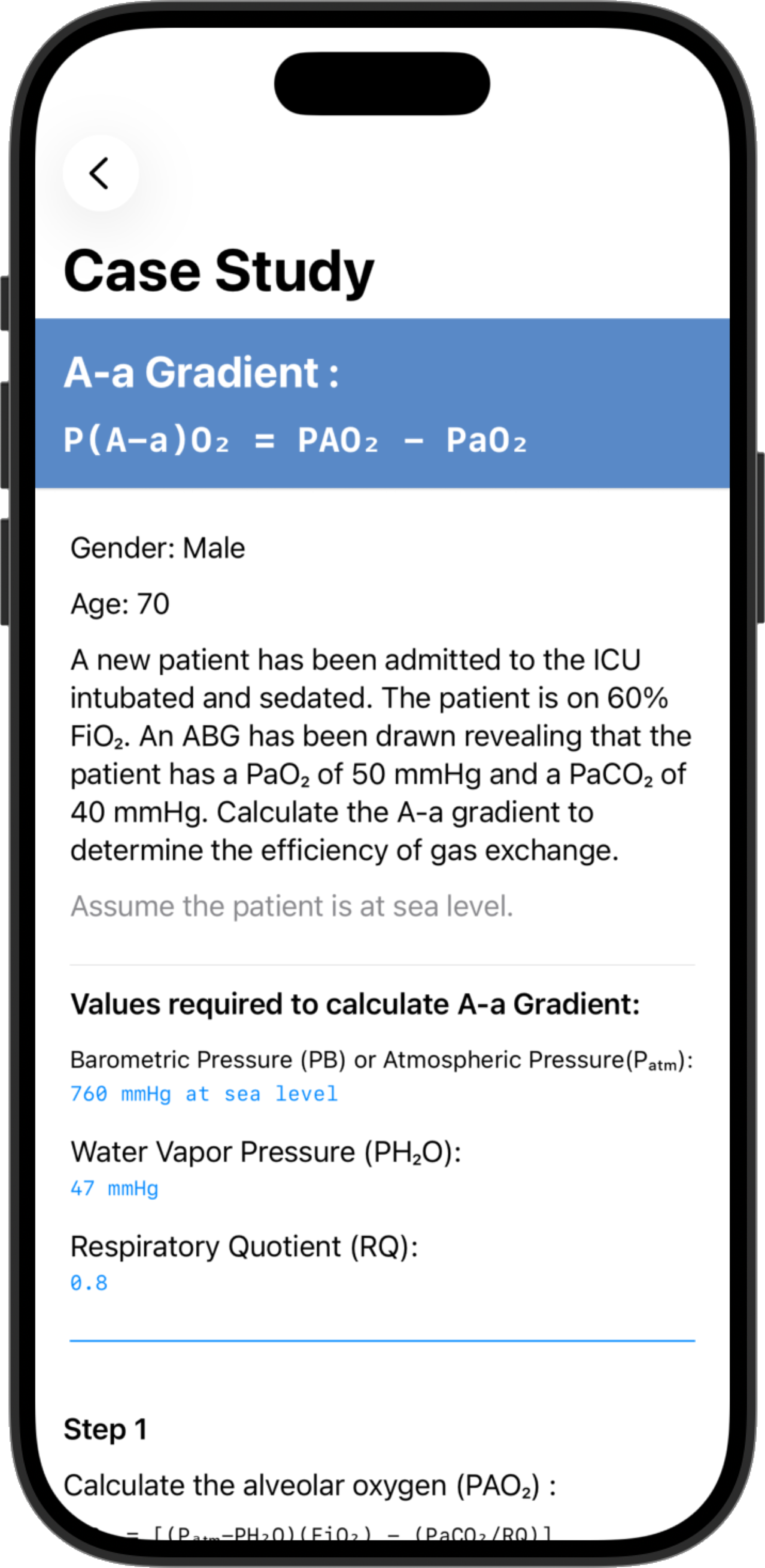 Case study screen in the Pulmoro app
