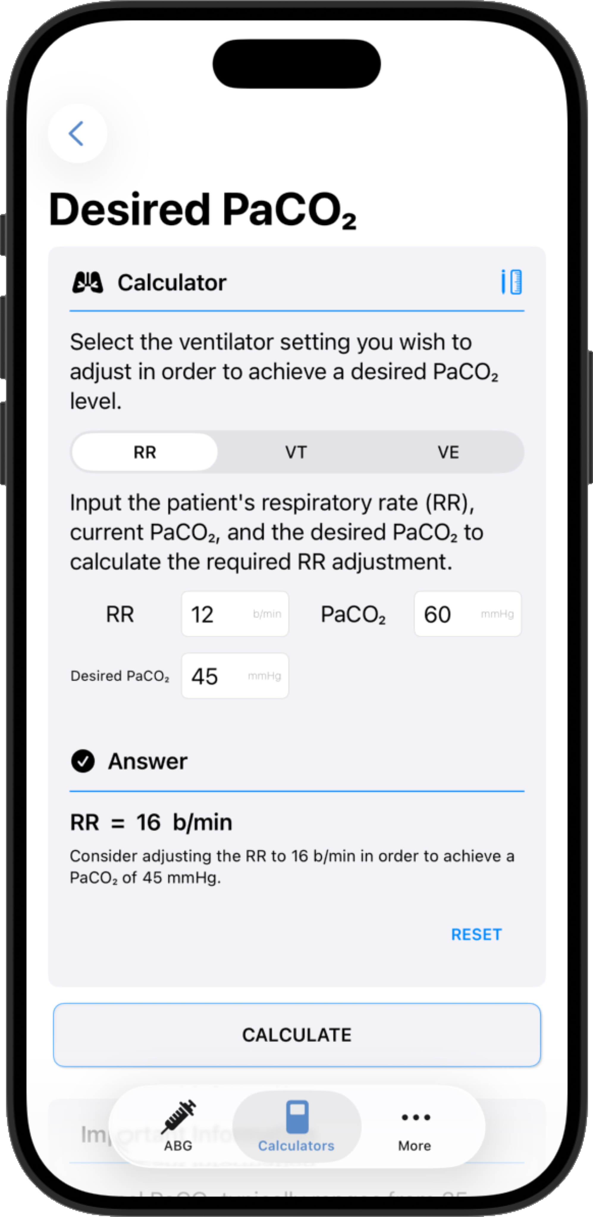 Calculator result screen in the Pulmoro app